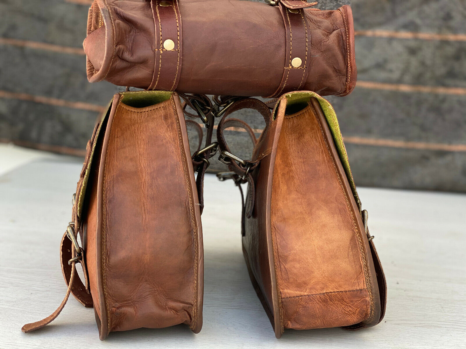 Leather Motorcycle Bags 3 Pouch Side Three Panniers ( 2 Saddel Bag+1 Tool Bag) 24Hr Smart